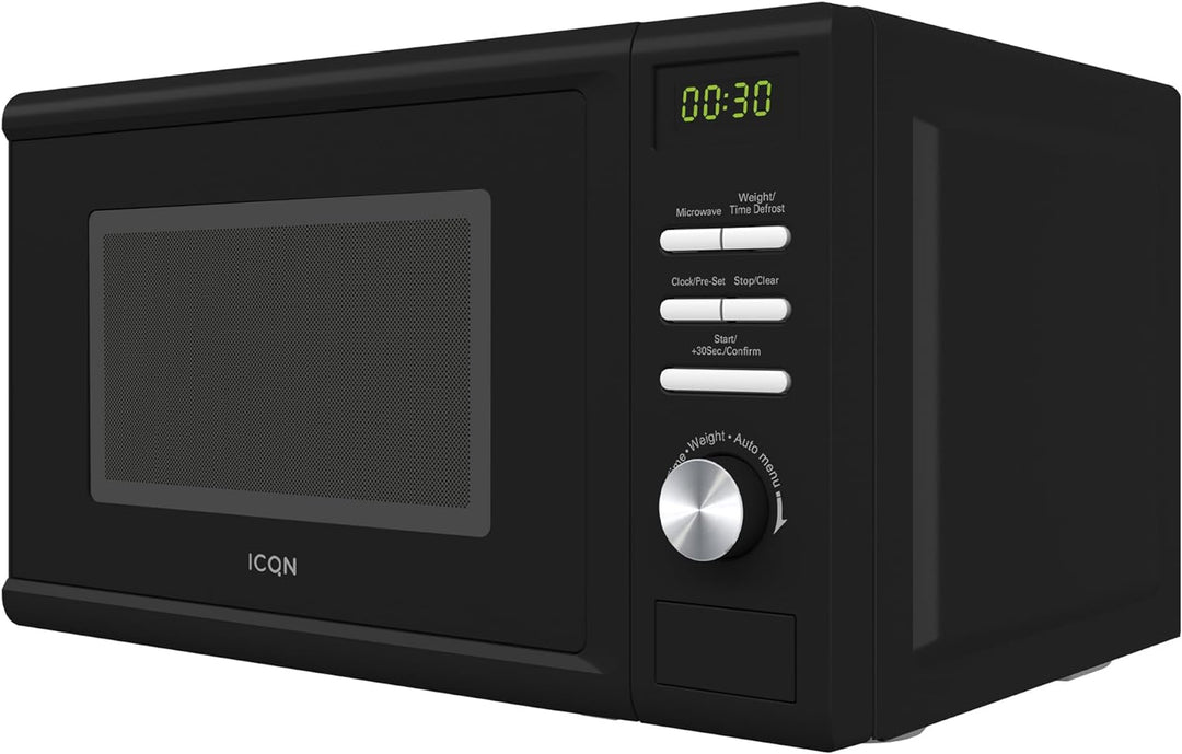 ICQN Mikrowelle, Solo-Mikrowelle, 20 L, 700 W, 5 Leistungsstufen, 8 Automatikprogramme, Gewicht und