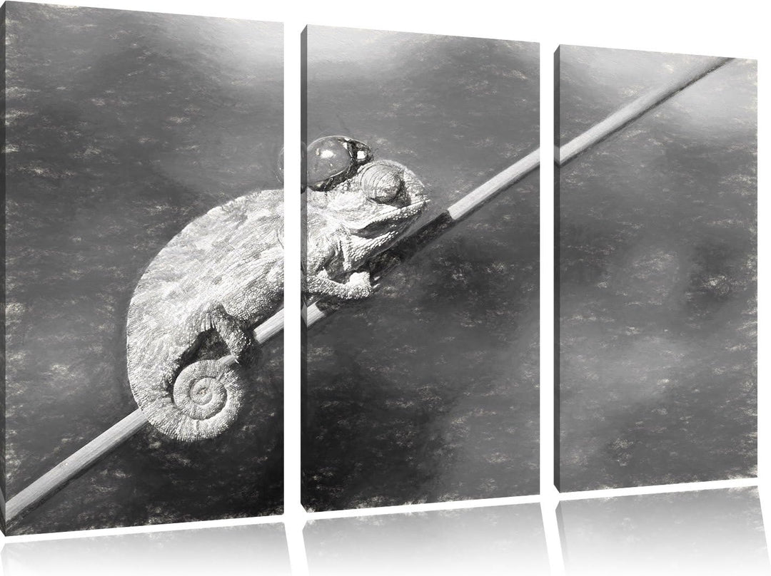 Pixxprint Gecko mit einem Marienkäfer / 3-Teilig/Gesamtmass 120cm Leinwandbild bespannt auf Holzrahm