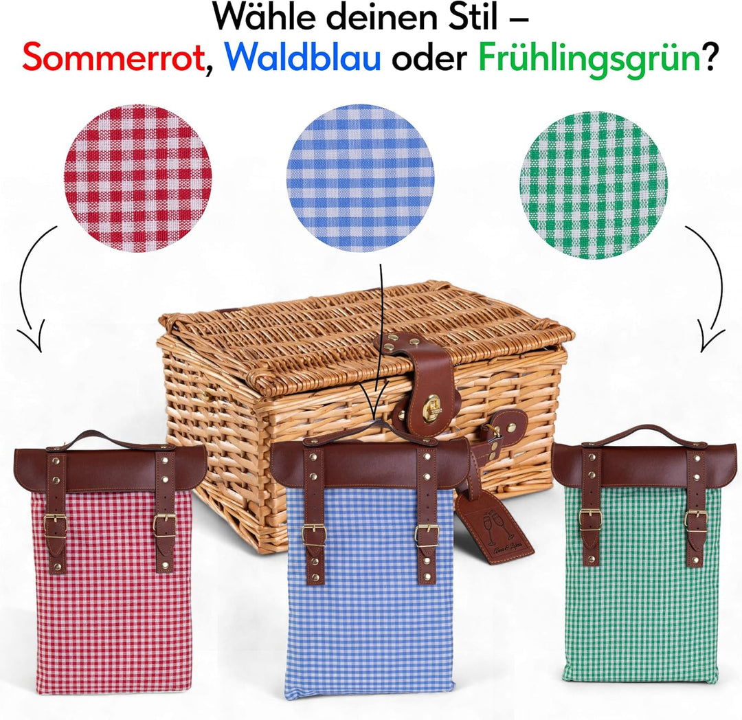 Personalisierter Picknickkorb für 2–4 Personen – Weide + Futterstoff (Rot/Blau/Grün) – Gravur auf Kö
