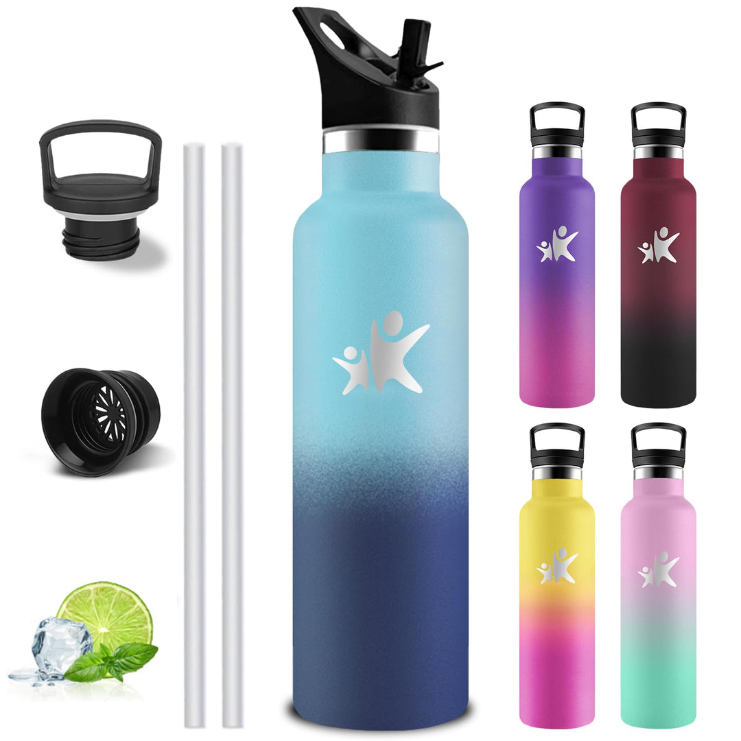 Trinkflasche Edelstahl, Sport Trinkflasche 1 liter, Thermosflasche Mit 2 Deckeln, Doppelwandige Vaku