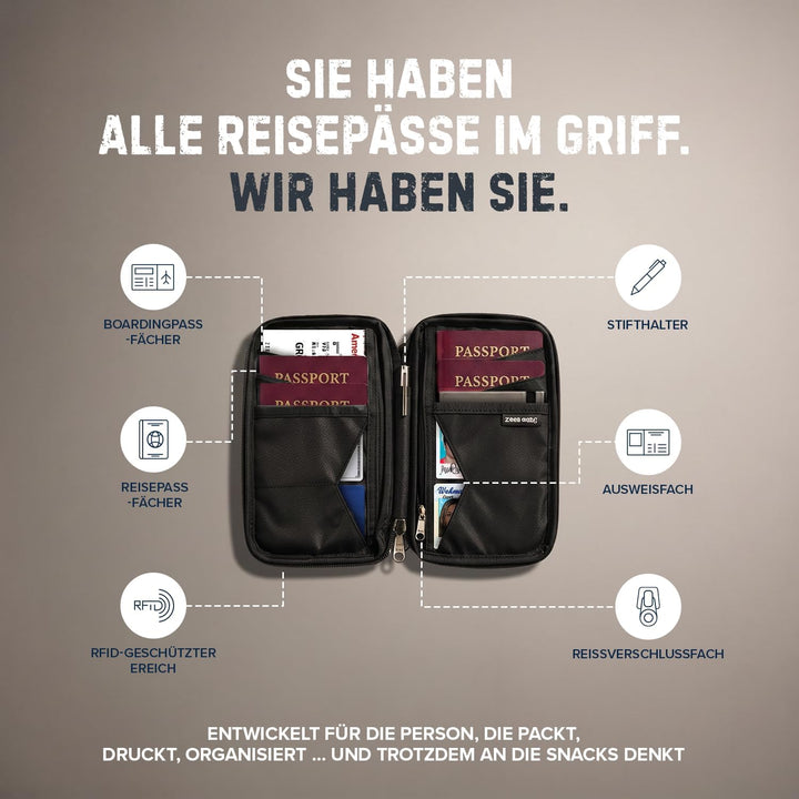 Reisepass Tasche Familien Reiseorganizer mit RFID Abschirmung - Reisedokumententasche Familie Schwar