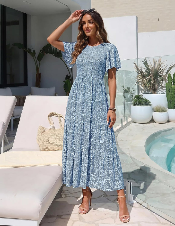 Zesica Damen-Maxikleid, Sommer, lässig, Blumendruck, kurze Flatterärmel, Rundhalsausschnitt, gesmokt