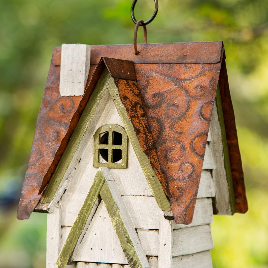 Glitzhome GH90086 Hängendes Vogelhaus aus Holz, abgenutzt, Weiss Weiss/opulenter Garten, Weiss/opule