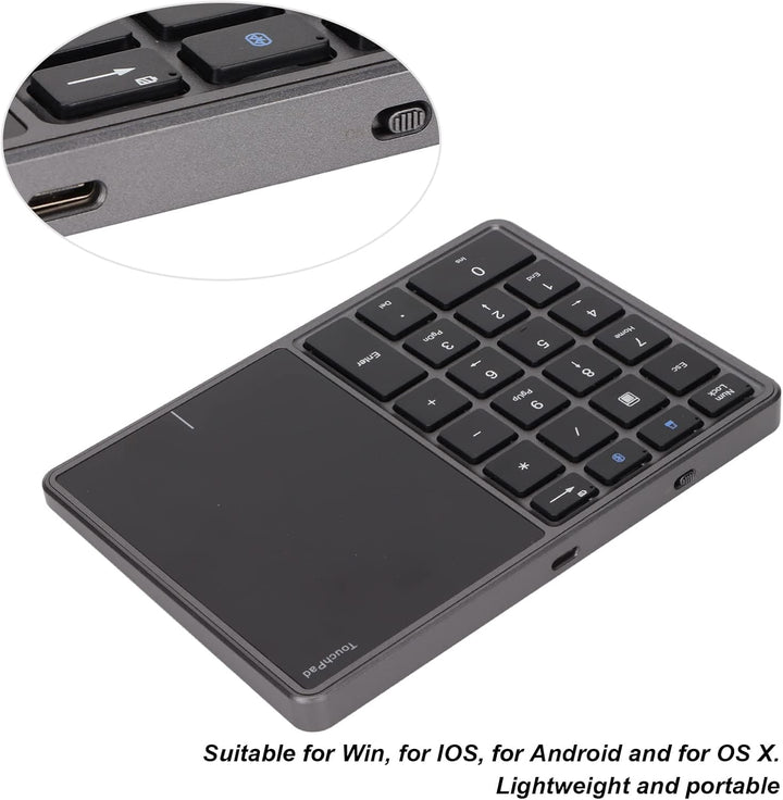 ASHATA Bluetooth Extended Numeric Keypad, Kabellose Nummer Tastatur mit Touchpad, wiederaufladbarer