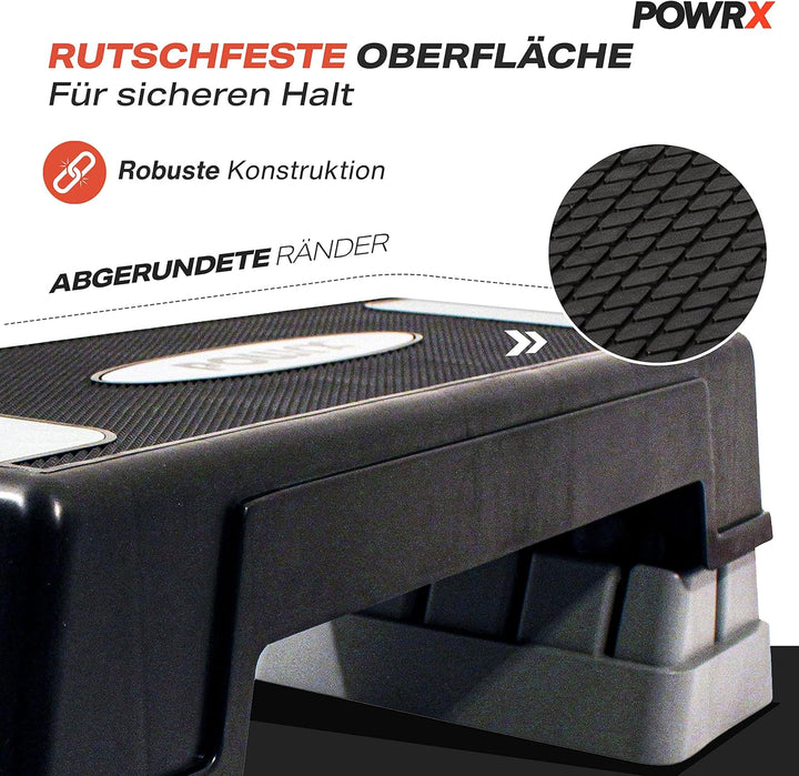POWRX Aerobic Steppbrett 12/17/24cm (3 Stufen) I Steppbrett für zuhause höhenverstellbar und rutschf
