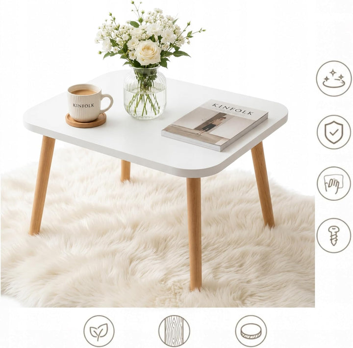 PlayPals Couchtisch Weiss Rechteckig 70x50 cm – Skandinavischer Wohnzimmertisch Holzbeine, Sofatisch