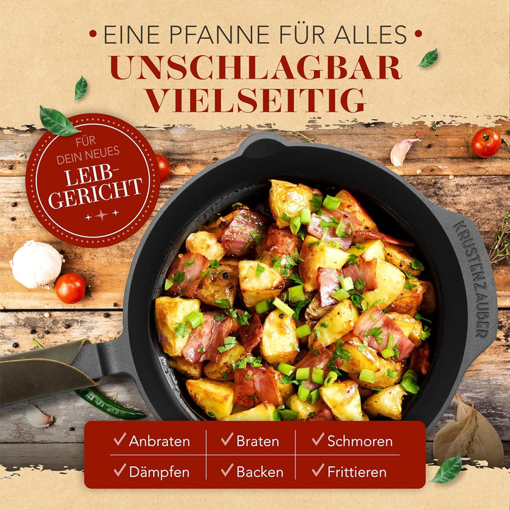 KRUSTENZAUBER Gusseisenpfanne Induktion 28cm inkl. Deckel und Pfannenwender - Geschliffene Pfanne Gu