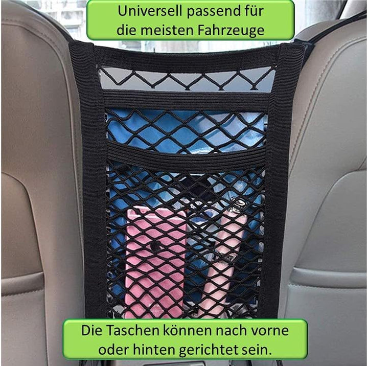 Flexibles Trennnetz für Hunde, universell passend für PKW-Vordersitze, mit 2 Ablagefächern