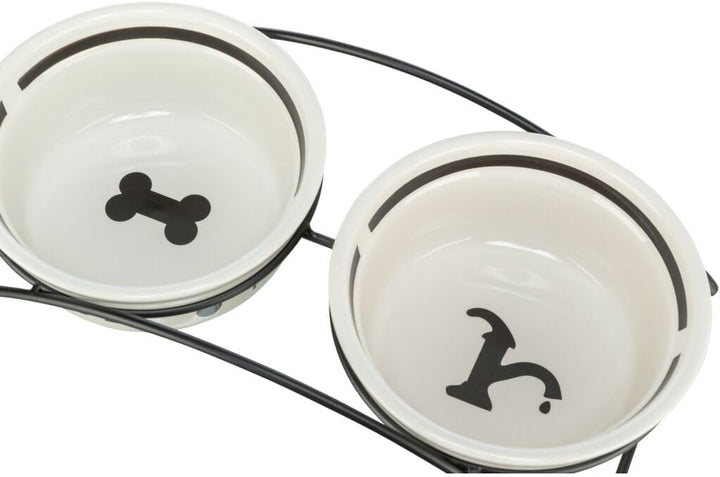 Napf-Set, Keramik/Metall, 2 × 0,25 l/ø 13 cm/27 × 7 × 14 cm, weiss/schwarz, 2 × 0,25 l/ø 13 cm