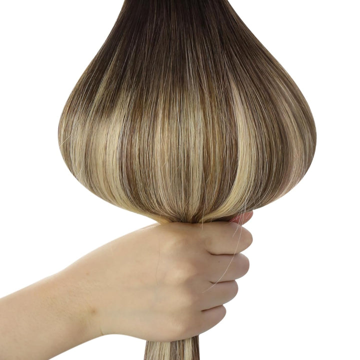 Ugeat 55cm Echthaar Extensions 120 Gramm Clip in Echthaar Tressen Clips Echthaar Dunkel Braun bis Mi