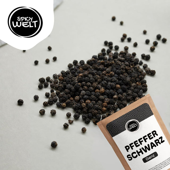 Spicy Welt Schwarzer Pfeffer Ganz (500g) – Pfefferkörner | Ungemahlener Schwarzer Pfeffer | für Pfef