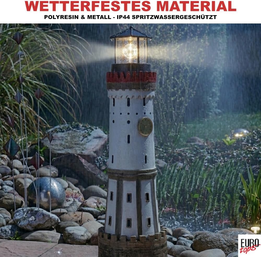 Solar Leuchtturm „Lindau“ – handbemalte Deko für Garten & Terrasse, rotierendes LED-Leuchtfeuer, Sol