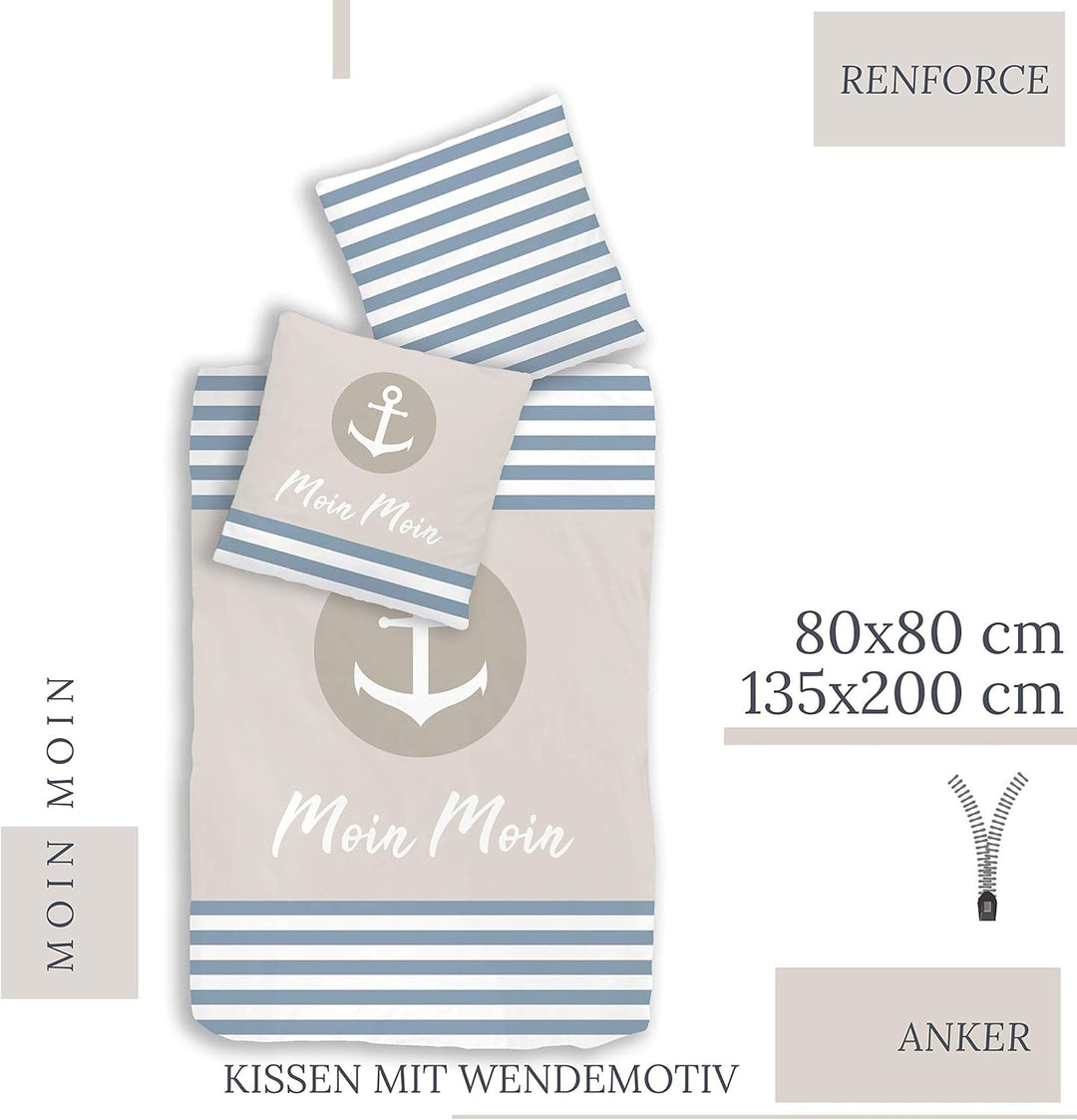 Anker Bettwäsche (4 - teilig Moin Moin) 135x200 + 80x80, Maritime Bettwäsche, Ferienhaus, Strandhaus