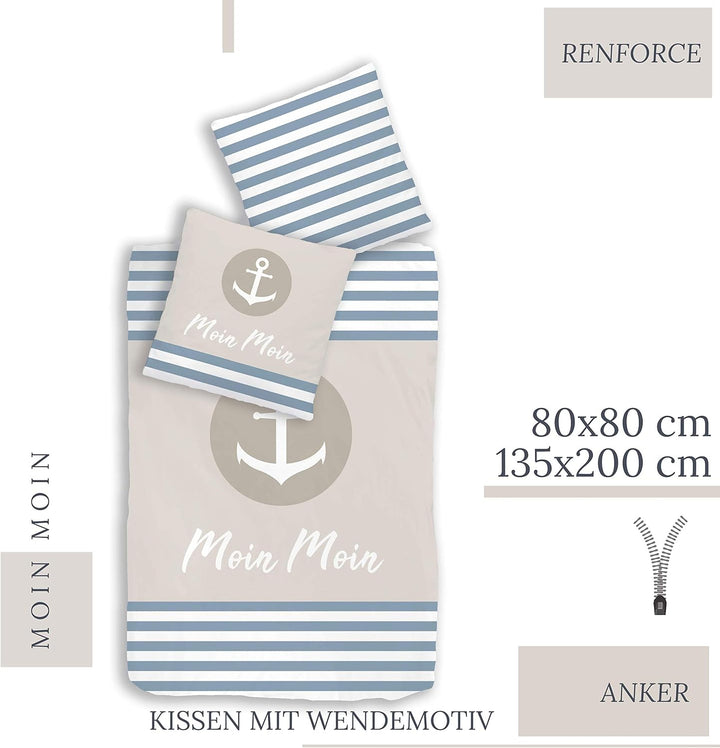 Anker Bettwäsche (4 - teilig Moin Moin) 135x200 + 80x80, Maritime Bettwäsche, Ferienhaus, Strandhaus