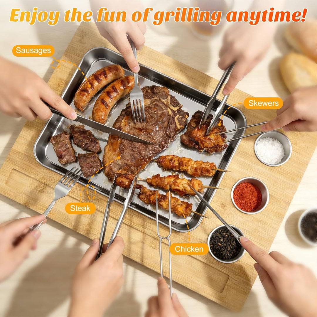 Warmhalteplatte Grillgut, Holz Speisenwärmer mit 304 Edelstahl Grillplatte und Dip-Schale, BBQ Fleis