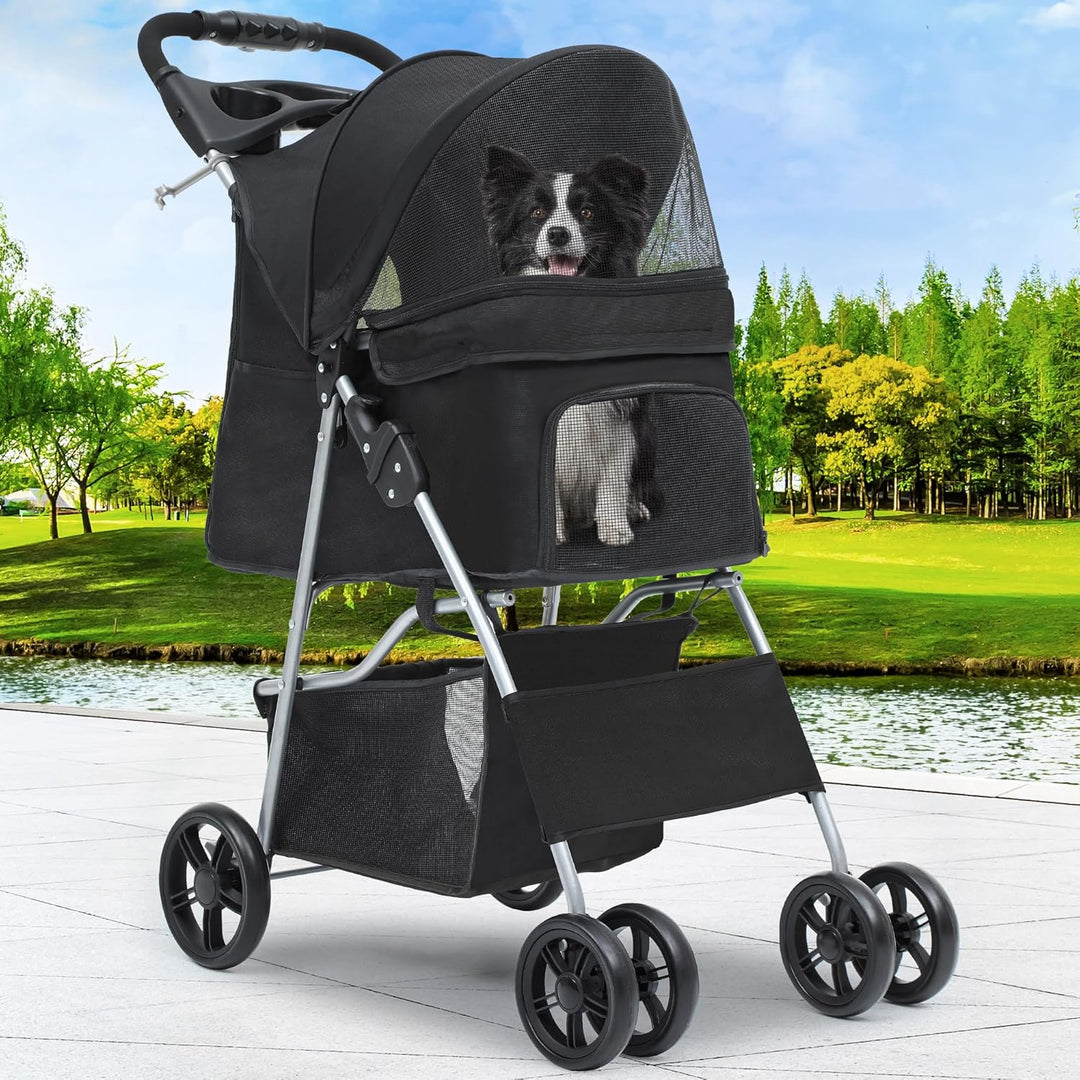 YITAHOME Hundewagen Haustiere Buggy bis 15kg, Hundebuggy mit Netzfenstern & Getränkehalter & Ablagek