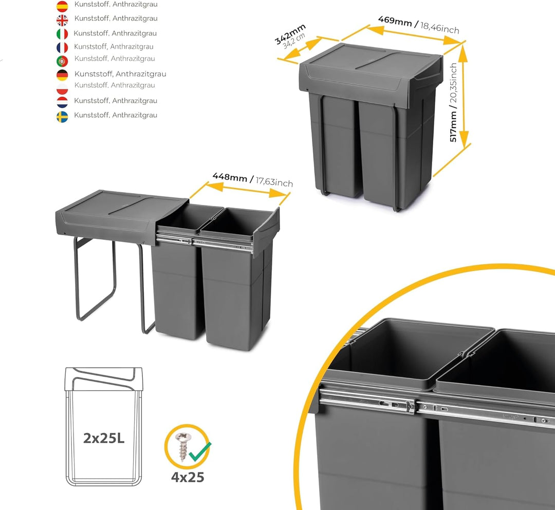 Emuca - Recycling-Behälter für die Küche, Bodenbefestigung und Handauszug, 2x25l, Kunststoff anthraz