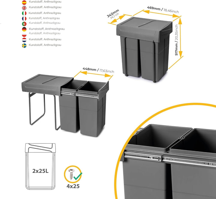 Emuca - Recycling-Behälter für die Küche, Bodenbefestigung und Handauszug, 2x25l, Kunststoff anthraz