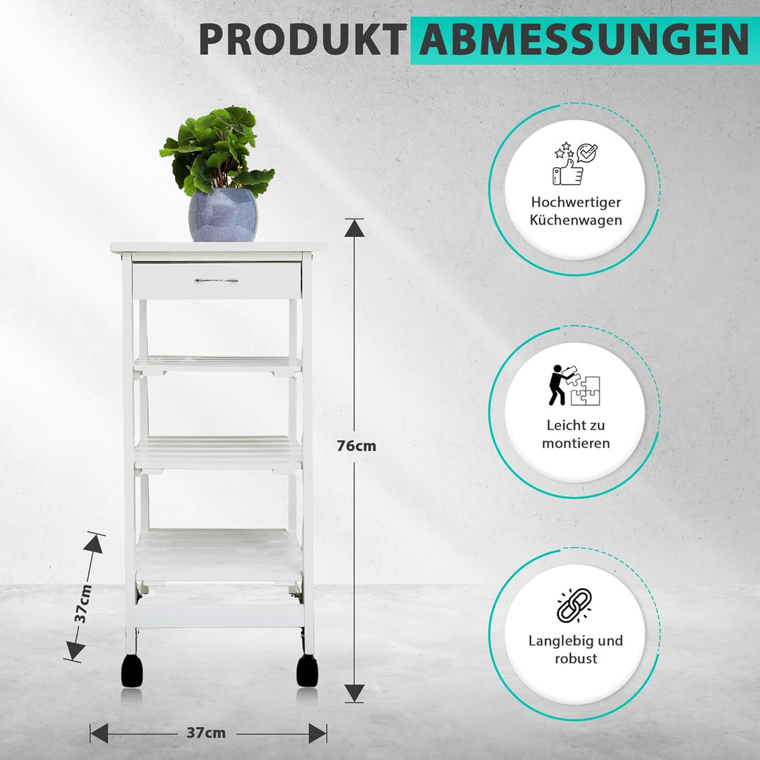 DRULINE Servierwagen Beistellwagen 37x37x76 cm, Multifunktionaler Küchentrolley mit 3 Ebenen, Mobile