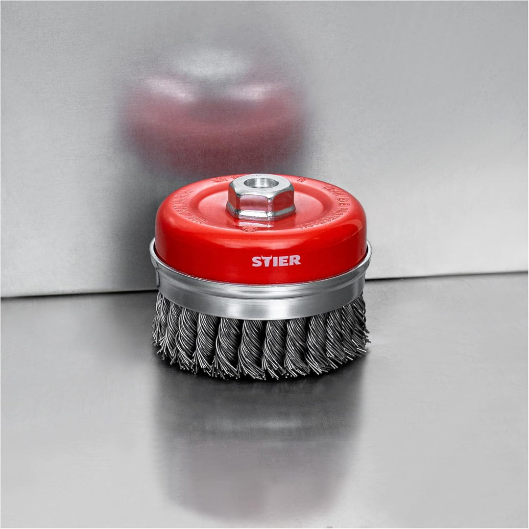 STIER Topfbürste Stahl, gezopfter Draht, für Winkelschleifer, Ø 100 mm, M14, Drahtstärke 0,8 mm, Dra
