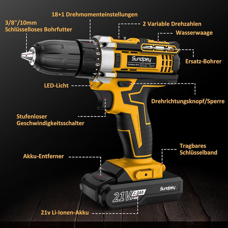 Sundpey Akkuschrauber 21V, Akku Bohrschrauber Set mit 2 Akkus 2.0Ah, 45 Nm Max Akku Bohrmaschine, 2-