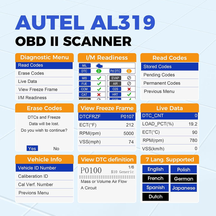 Autel AL319 OBD2 Diagnosegerät Fehlercode Lesen und Löschen, EchtzeitDaten und Fahrzeuginformationen