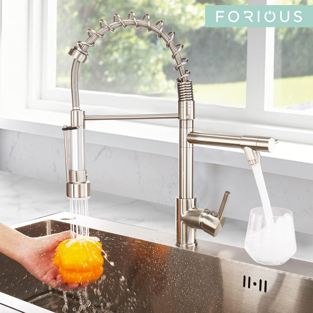 FORIOUS Wasserhahn Küche Schwarz,Edelstahl-Küchenarmatur, Spülarmaturen Küche, Zweigriff-Mischbatter