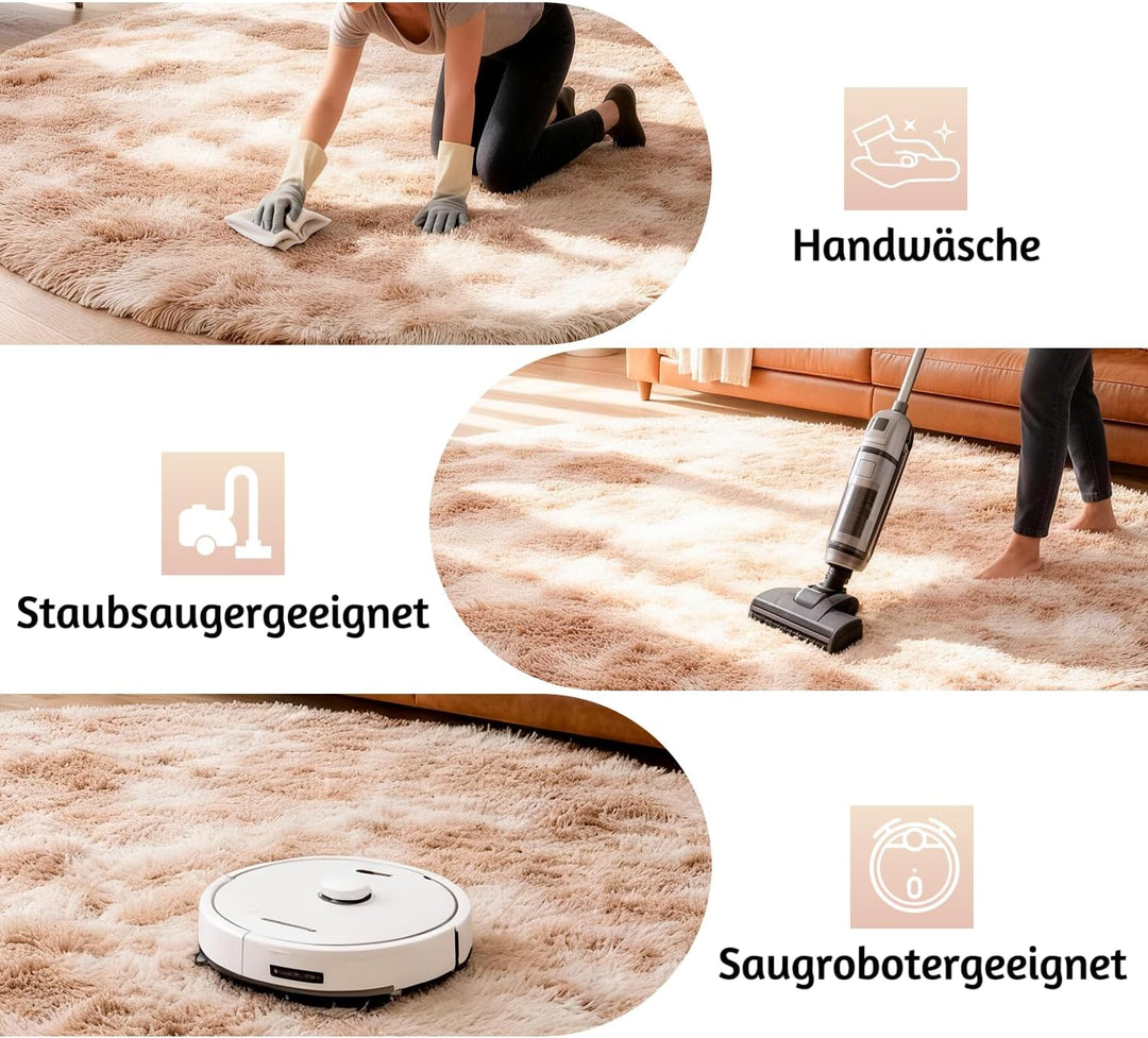 Teppich Wohnzimmer Khaki Ø 120 cm Flauschig Weich | Hochflor-Teppich, waschbar, rutschfest, weich. P