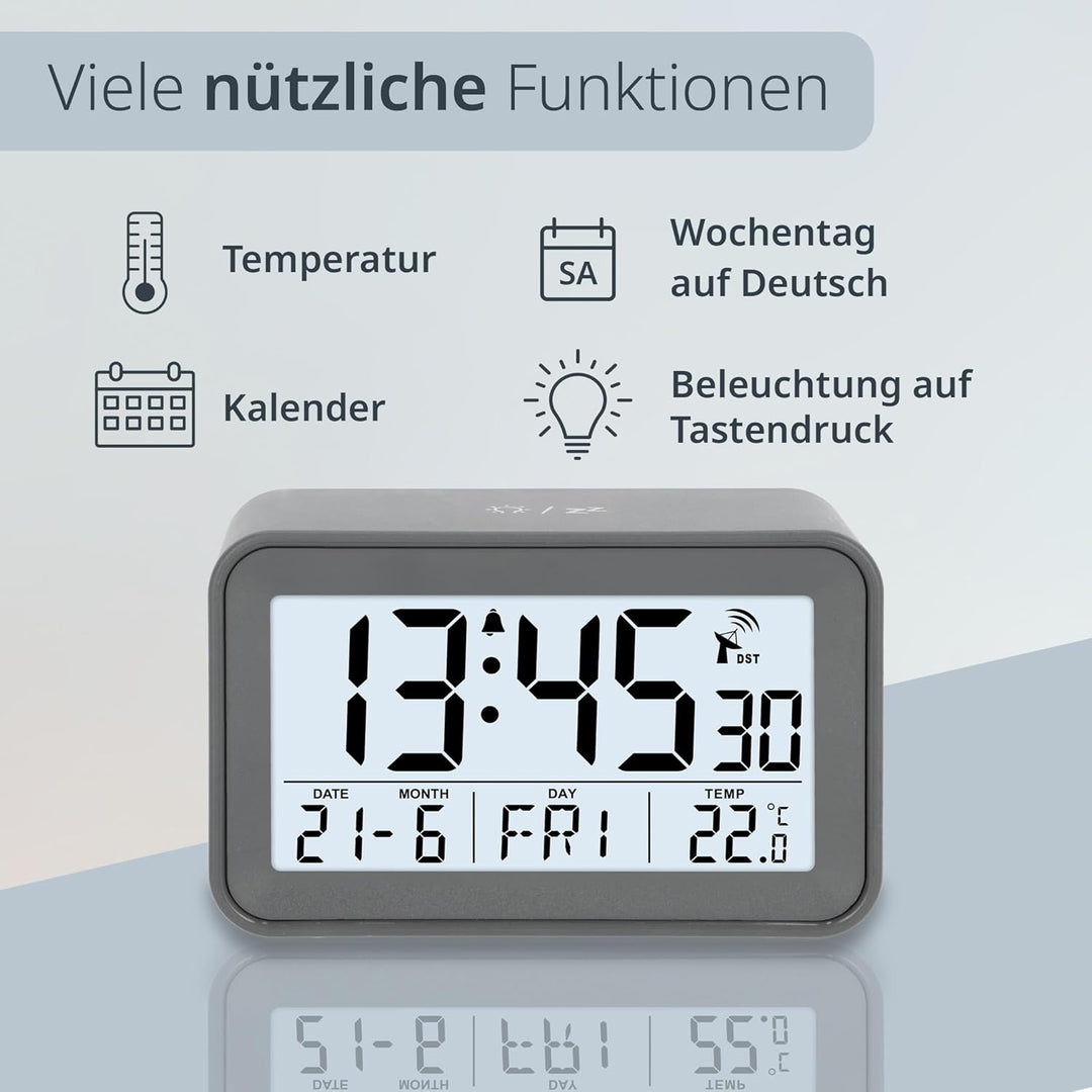 ADE Digitaler Funkwecker mit Licht | Temperaturanzeige und Kalender | kompakter Reisewecker | hübsch