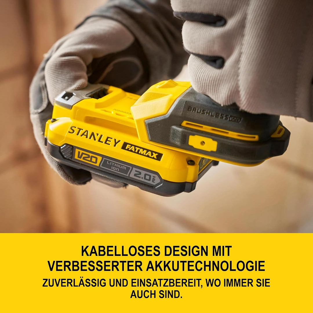 STANLEY V20 Akku-Schlagbohrschrauber, bürstenlos, 2-Gang, inklusive 2x 2,0 Ah Li-Ion-Akku, 1,25 A La