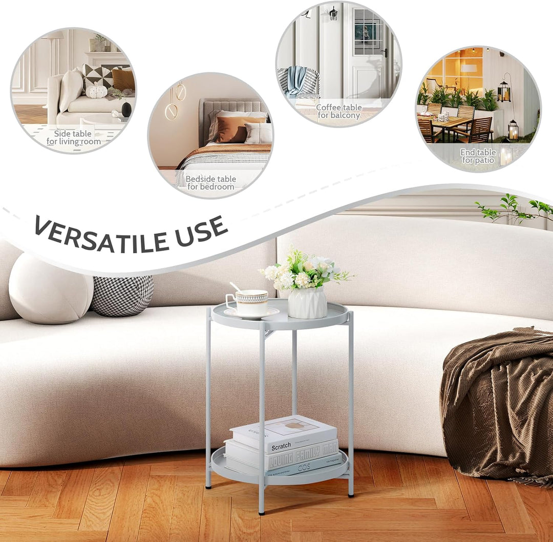 HollyHOME Beistelltisch Metall Rund Balkontisch Klein 2 Ebenen Metall Couchtisch Nachttisch Sofatisc