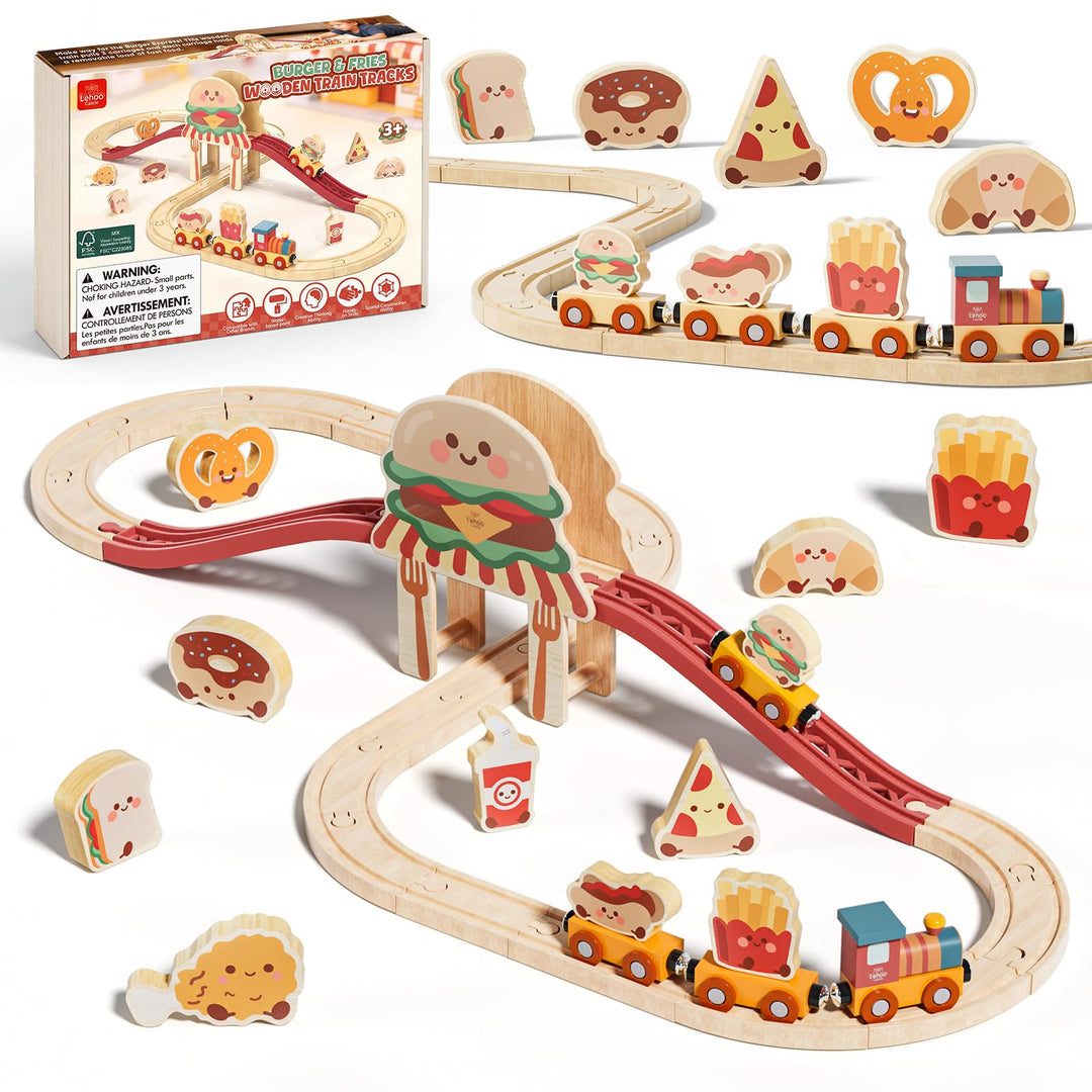 Lehoo Castle Holzeisenbahn Set, Hamburger Holz Eisenbahn Kinder mit Pizza, Burger, Pommes & Zubehör,