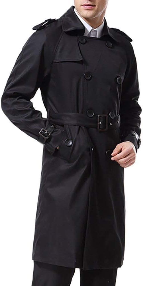 AOWOFS Herren Zweireihiger Trenchcoat mit Gürtel Revers Lang Mantel Business Jacke Frühling Übergang
