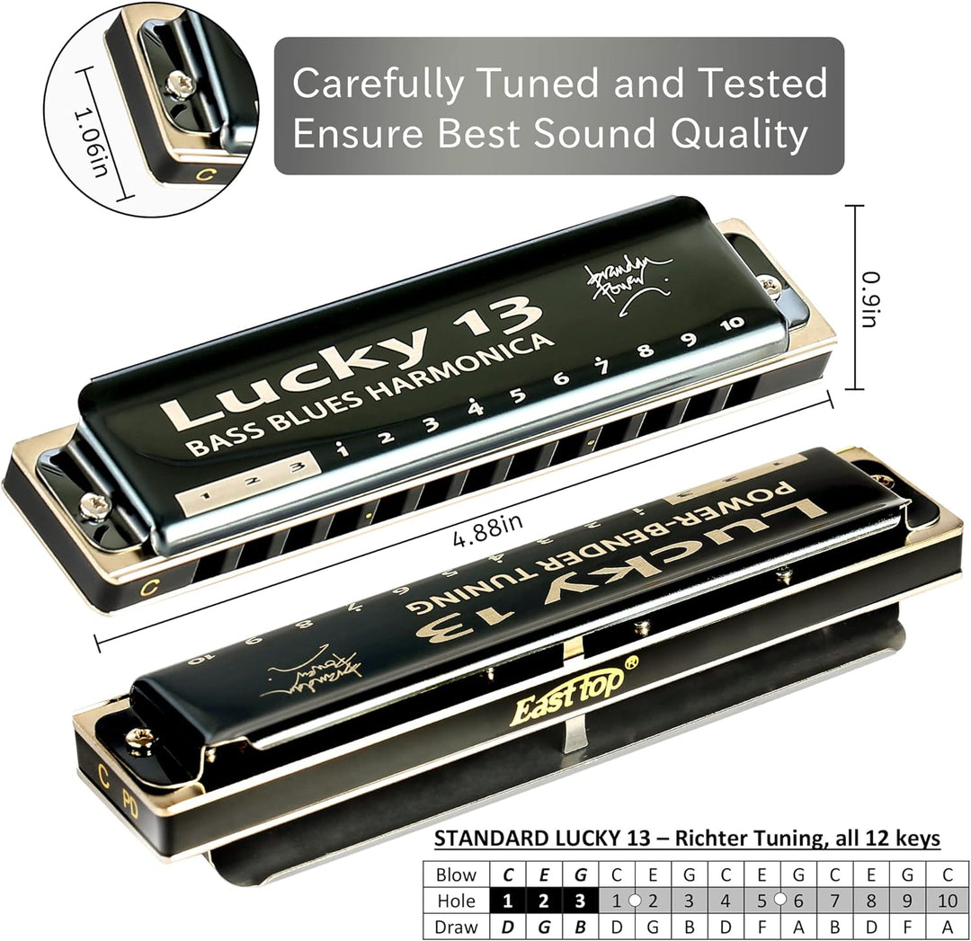 East top Lucky 13 Bass Plus Blues Harmonica 13 Holes Diatonic Harp Mouth Organ Professional Richter