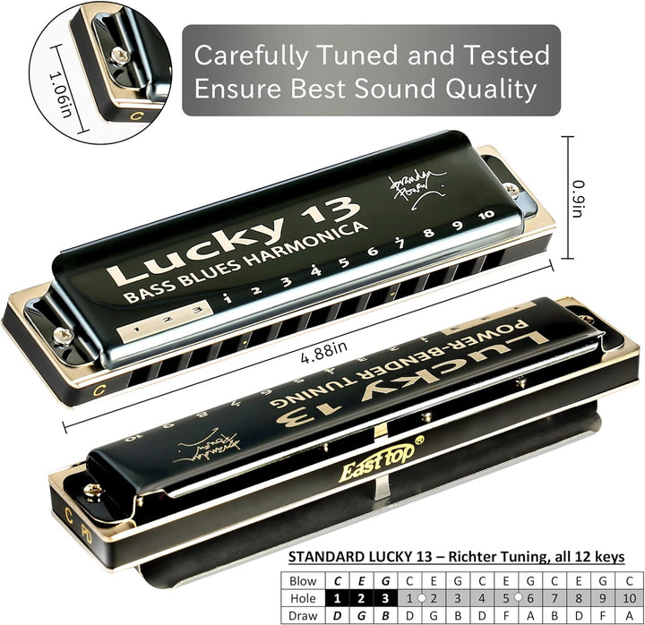 East top Lucky 13 Bass Plus Blues Harmonica 13 Holes Diatonic Harp Mouth Organ Professional Richter
