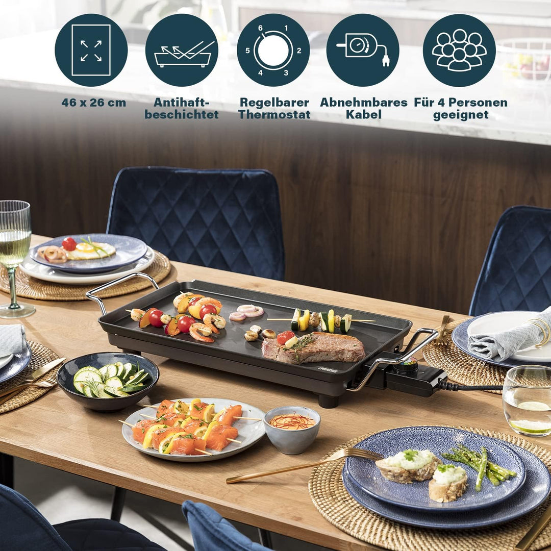 Plancha Princess Chef Pro Classic schwarz – Aluguss – 4 Personen – 46 x 26 cm – 2000 W, 46 x 26 cm