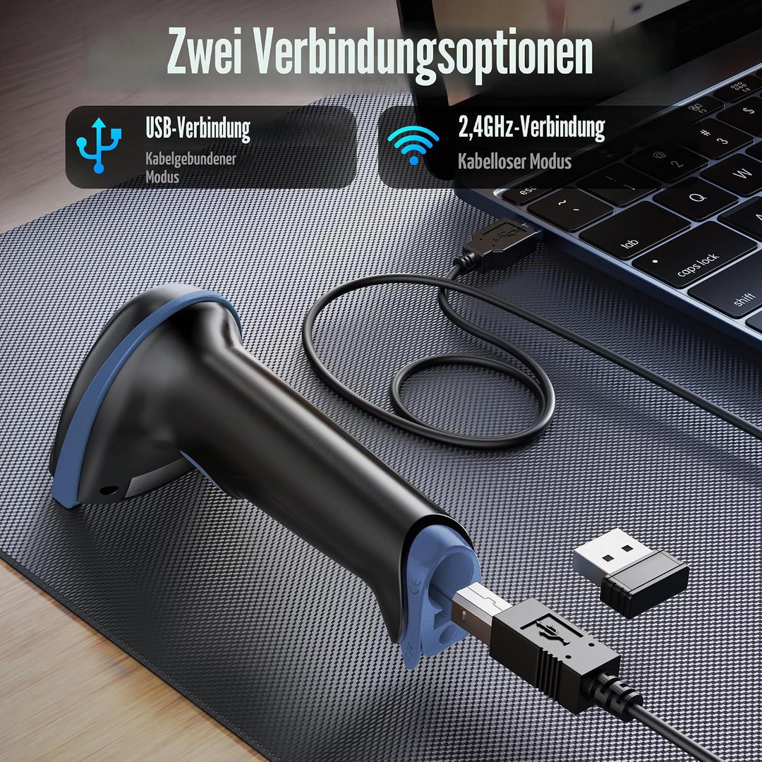Tera Barcode-Leser kabellos und kabelgebunden mit Batteriestandsanzeige, Barcode-Scanner digital Bed
