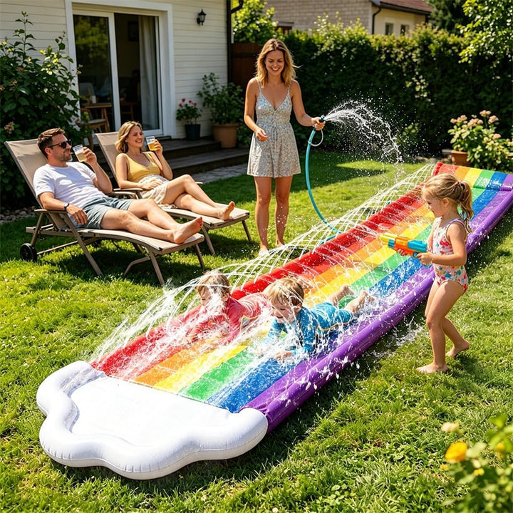 Wasserrutsche Garten, 4.8x1.4M Doppel Wasser Rutsche, Wasserspielzeug Wasserrutschmatte mit 2 Bodybo