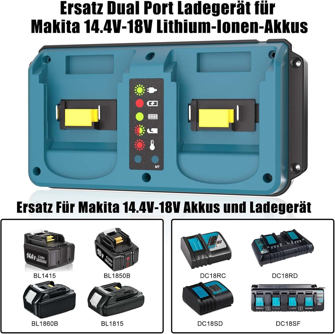 KUNLUN Dual Port Ladegerät für Makita 18V Akku, Ersatz DC18RD Ladegerät kompatibel mit Makita 14,4v-