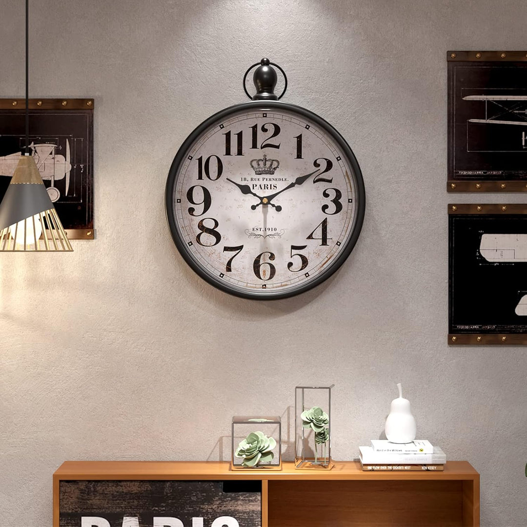 Menterry Small Retro Round Wall Clock. Black Vintage Antique Style Wall Clocks. Battery Operated Sil