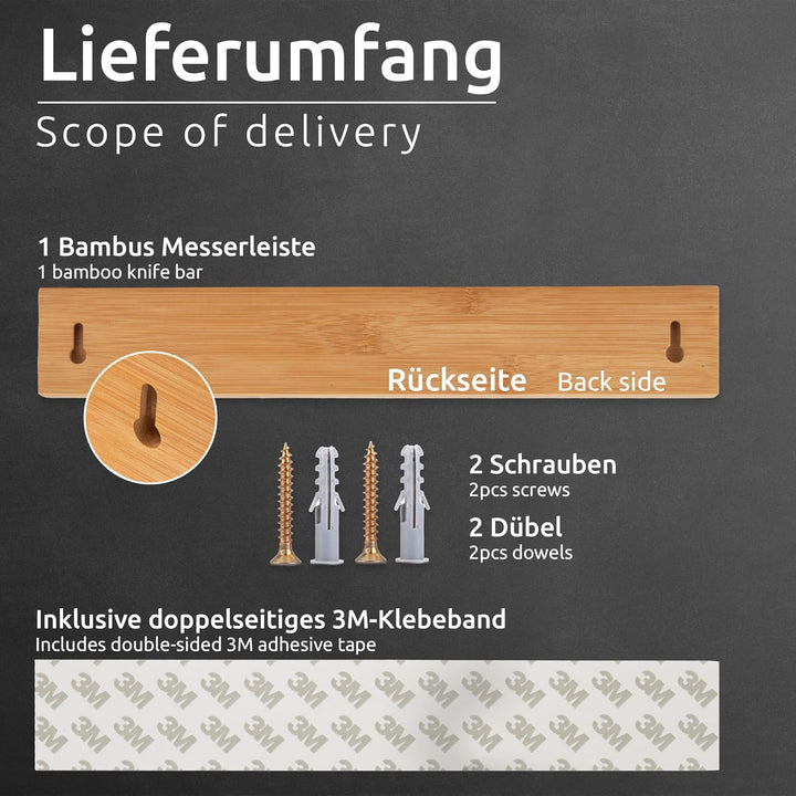 ECENCE Magnetleiste Messer selbstklebend 40cm - Messerleiste magnetisch aus Bambus-Holz mit starkem
