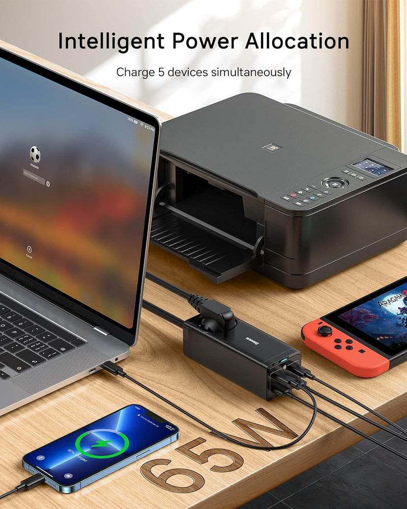 65W USB C Ladegerät mit AC, Baseus PD USB C Netzteil, GaN Charger USB C Ladestation mit 1 AC + 4-Por