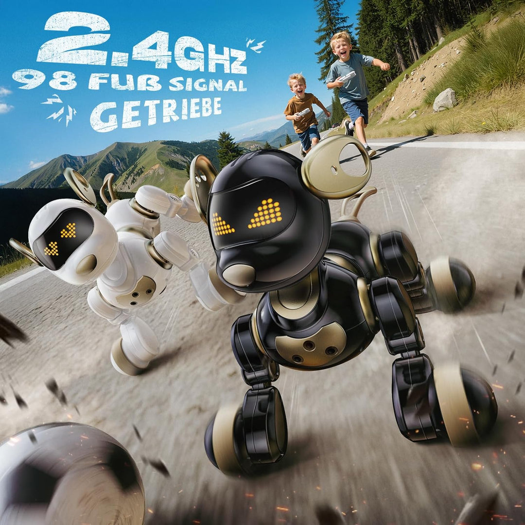 Ruko 18011 Roboter Robo Hund für Kinder, LED Ausdrücke, Schwarz Gold | programmierbar, 2,4 GHz Fernb