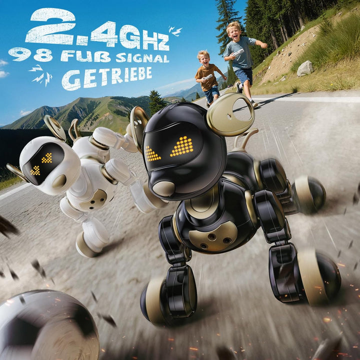 Ruko 18011 Roboter Robo Hund für Kinder, LED Ausdrücke, Schwarz Gold | programmierbar, 2,4 GHz Fernb
