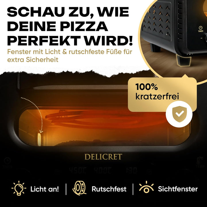DELICRET elektrischer Pizzaofen 12" - bis zu 450℃ - 1700 Watt - Backraumtemperatur und Steintemperat