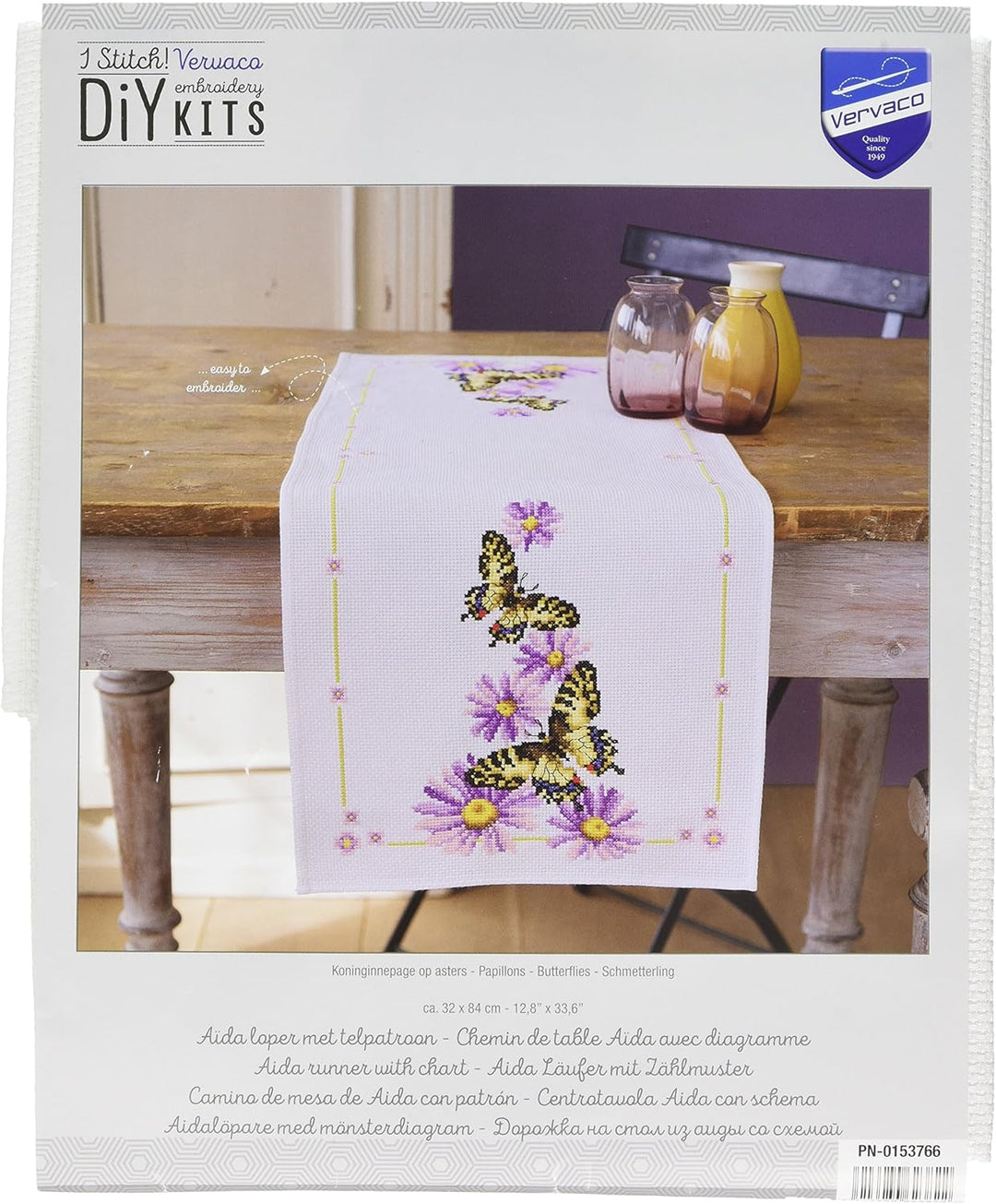 Vervaco Aida Läufer Schmetterling Kreuzstichpackung, Weiss, 32 x 84 x 0,3 cm