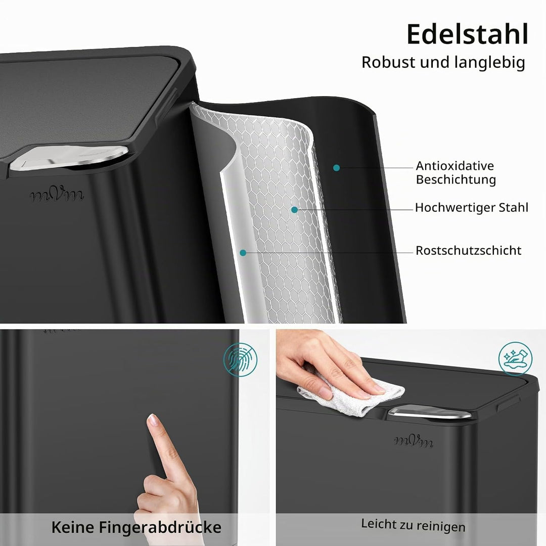 mVm Küchen &amp; Büromülleimer 50L, Edelstahl, Rechteckig, Mit Deckel &amp; Geruchsfilter, Sanftschliessend