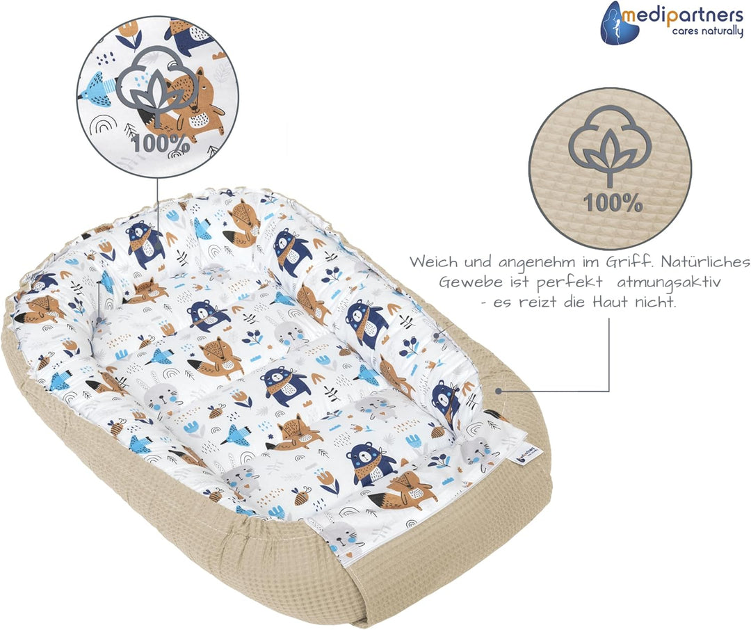 Medi Partners Babynest Kuschelnest Babynestchen 100% Baumwolle Waffle Nestchen Reisebett für Babys S