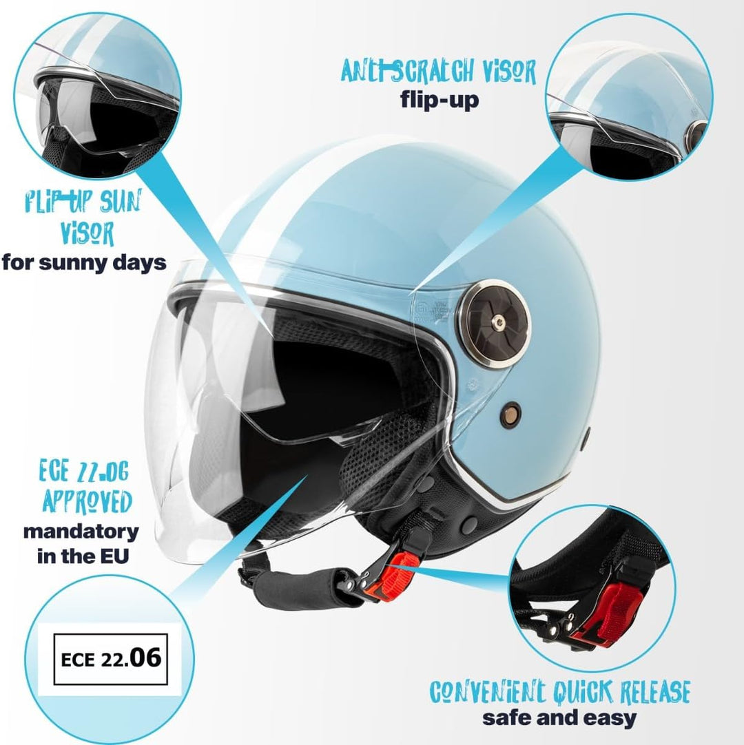 VINZ Arenas Jethelm mit Doppelvisier | Roller Helm Fashionhelm mit Streifen | In Gr. XS-XXL | Jet He