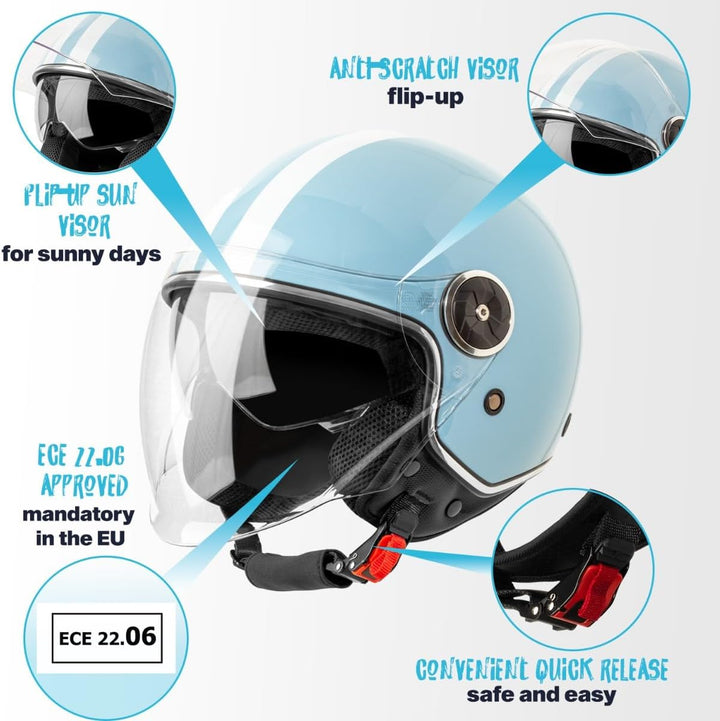 VINZ Arenas Jethelm mit Doppelvisier | Roller Helm Fashionhelm mit Streifen | In Gr. XS-XXL | Jet He